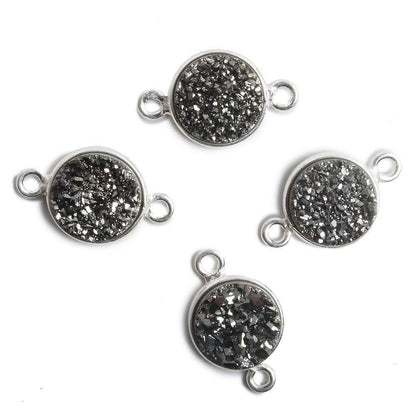 11mm Silver Bezel Metallic Black Drusy Coin 2 ring Connector 1 piece