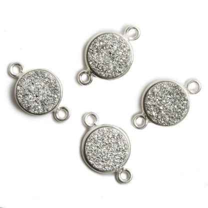 11mm Silver Bezel Metallic Silver Drusy Coin 2 ring Connector 1 piece