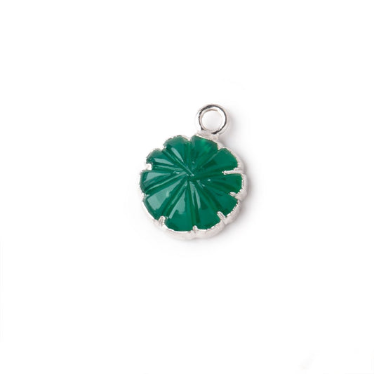 11mm Silver Leafed Green Onyx Carved Floral Coin Focal Pendant 1 piece