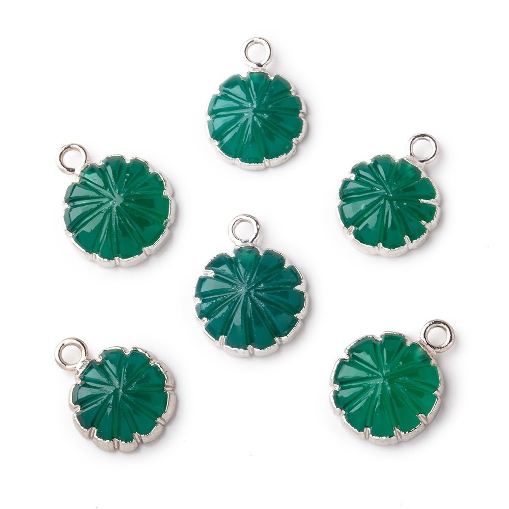 11mm Silver Leafed Green Onyx Carved Floral Coin Focal Pendant 1 piece