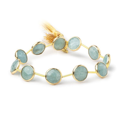 11mm Vermeil Bezel Aquamarine Faceted Coin Beads 7.5 inch 11 pieces