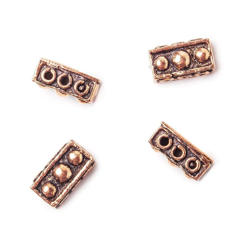 11x6x5mm Copper 3 hole Connector Bar with 3 Bead Design Set of 4