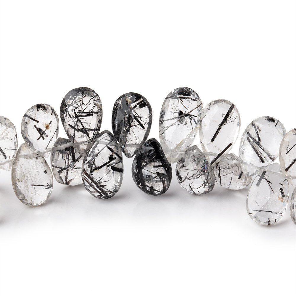 11x7-13x7mm Black Tourmalinated Quartz Faceted Pears 7.5 inch 48 beads