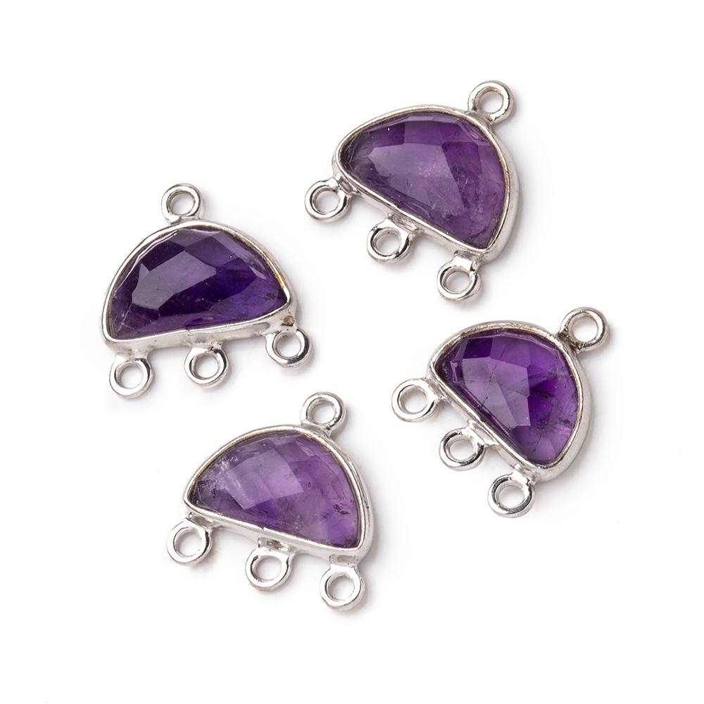 11x7mm .925 Silver Bezel Amethyst faceted Half Moon 3 ring Connector 1 piece
