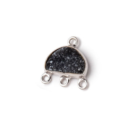 11x7mm .925 Silver Bezel Black Drusy Half Moon 3 ring Connector 1 piece