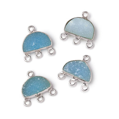 11x7mm .925 Silver Bezel Santorini Blue Drusy Half Moon 3 ring Connector 1 piece