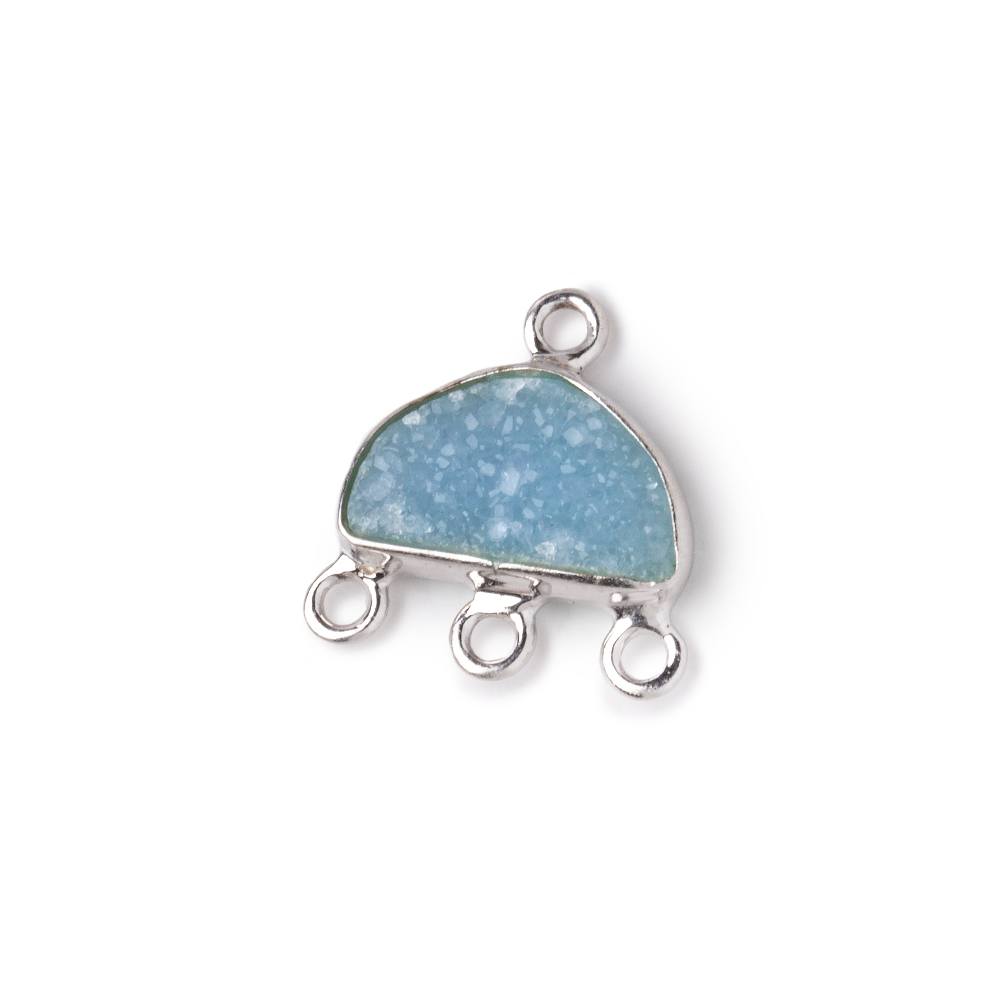 11x7mm .925 Silver Bezel Santorini Blue Drusy Half Moon 3 ring Connector 1 piece