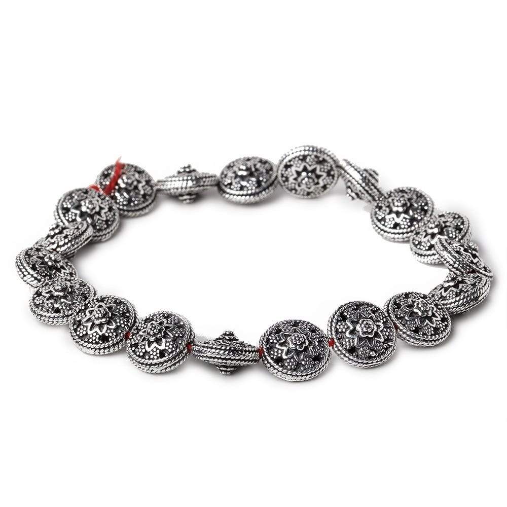 12x7mm Antiqued Sterling Silver Plated Copper Bead Floral Disc 8 inch 18 pcs