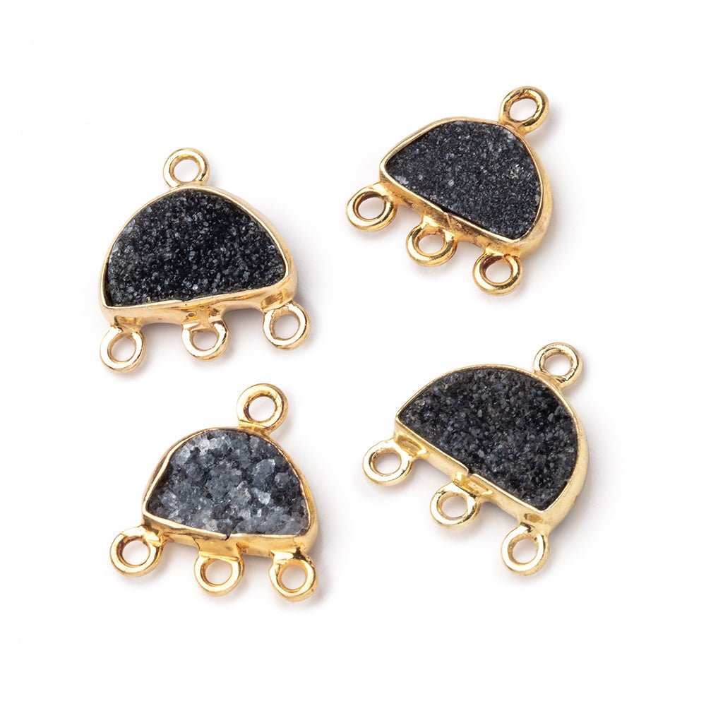 11x7mm Vermeil Bezel Black Drusy Half Moon 3 ring Connector 1 piece