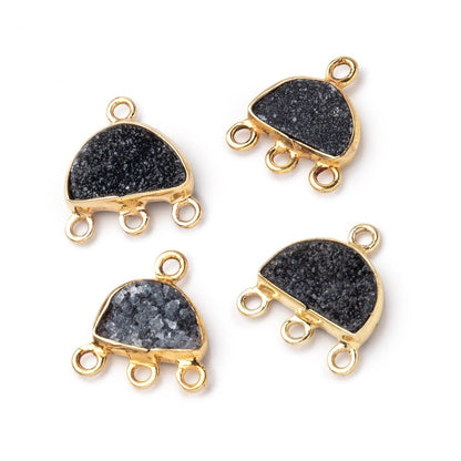 11x7mm Vermeil Bezel Black Drusy Half Moon 3 ring Connector 1 piece