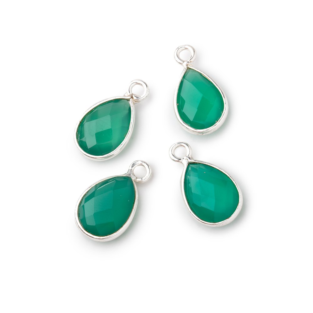 11x8mm .925 Silver Bezel Green Onyx Faceted Pear Focal Pendants Set of 4 pieces