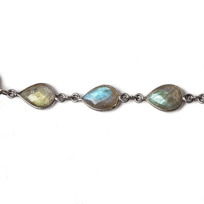 11x8mm Labradorite pear Oxidized Silver .925 Bezeled Chain by the foot 17 pcs