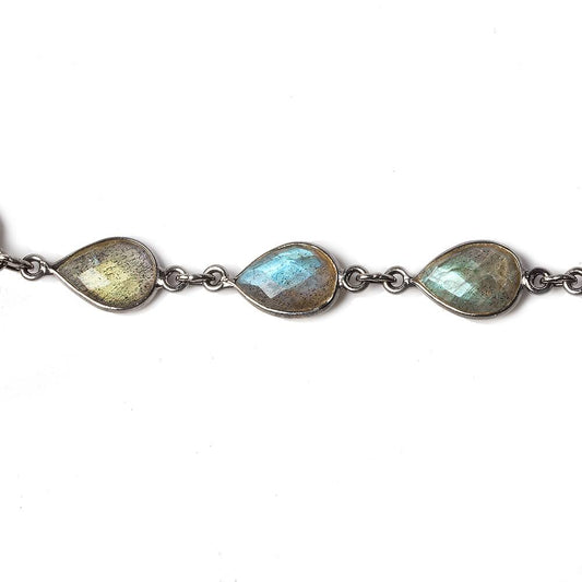 11x8mm Labradorite pear Oxidized Silver .925 Bezeled Chain by the foot 17 pcs