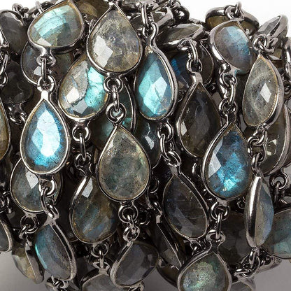 11x8mm Labradorite pear Oxidized Silver .925 Bezeled Chain by the foot 17 pcs