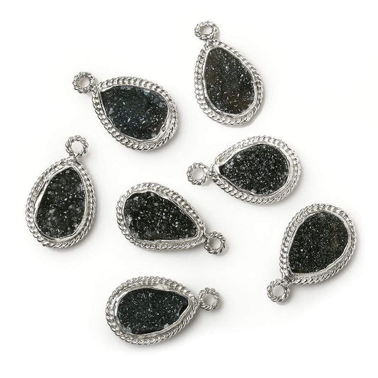 11x8mm Silver Rope Bezel Black Drusy Pear Pendant 1 piece