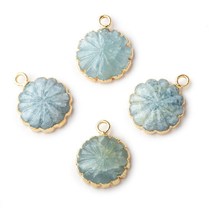 12-13mm Gold Leafed Aquamarine Carved Floral Coin Focal Pendant 1 piece