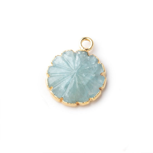 12-13mm Gold Leafed Aquamarine Carved Floral Coin Focal Pendant 1 piece