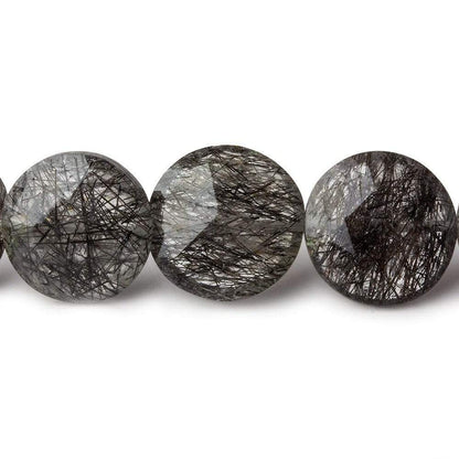 12.5-14.5mm Black Tourmalinated Quartz Faceted Coins 8 inch 15 beads