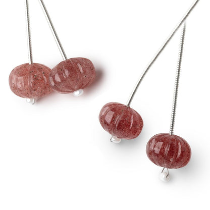 12.5mm Strawberry Quartz Carved Melon Focals Set of 2 Beads