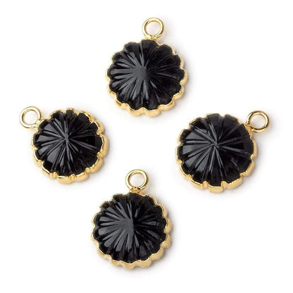12mm 22kt Gold Leafed Black Chalcedony carved floral coin Pendant 1 focal bead