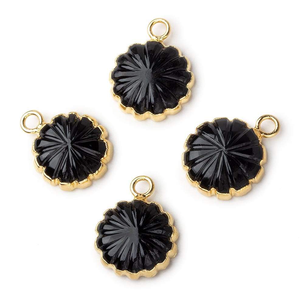 12mm 22kt Gold Leafed Black Chalcedony carved floral coin Pendant 1 focal bead