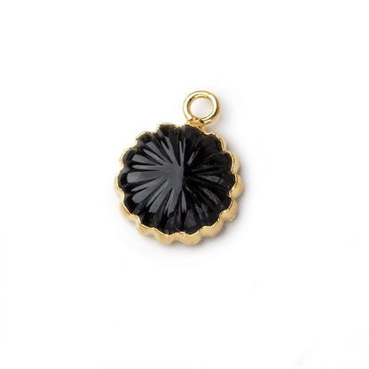 12mm 22kt Gold Leafed Black Chalcedony carved floral coin Pendant 1 focal bead