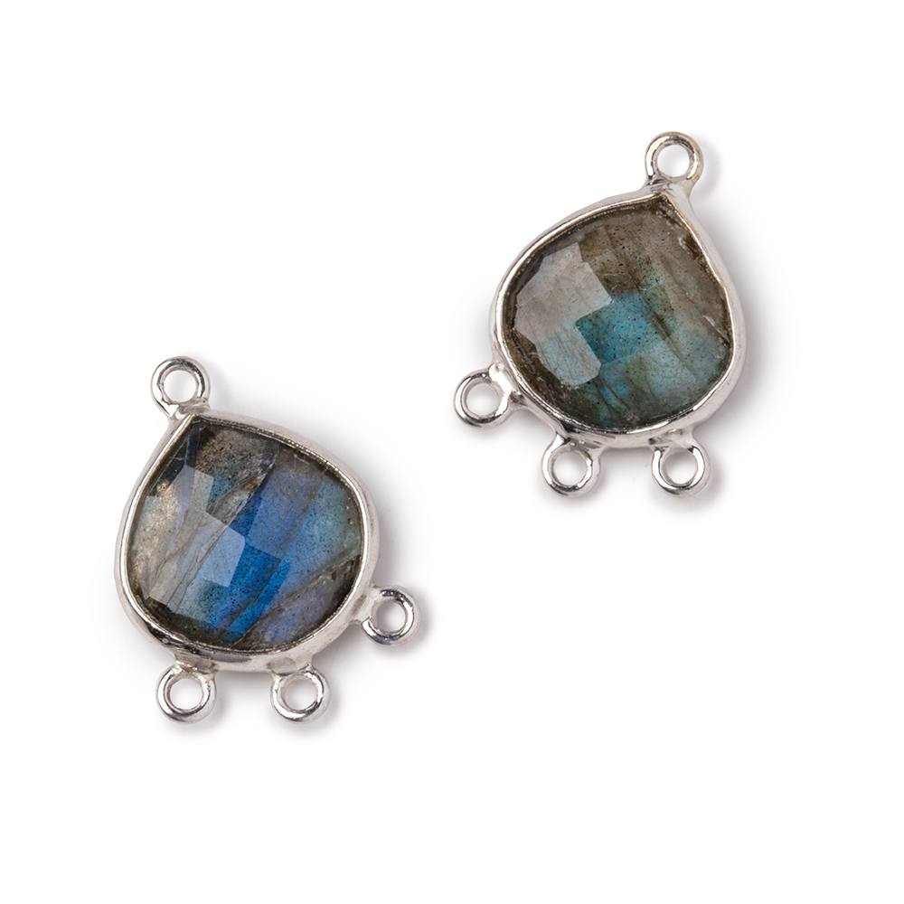 12mm .925 Silver Bezel Labradorite faceted heart 3 ring Connector 1 focal bead