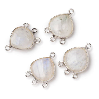12mm .925 Silver Bezel Rainbow Moonstone faceted heart 3 ring Connector 1 piece
