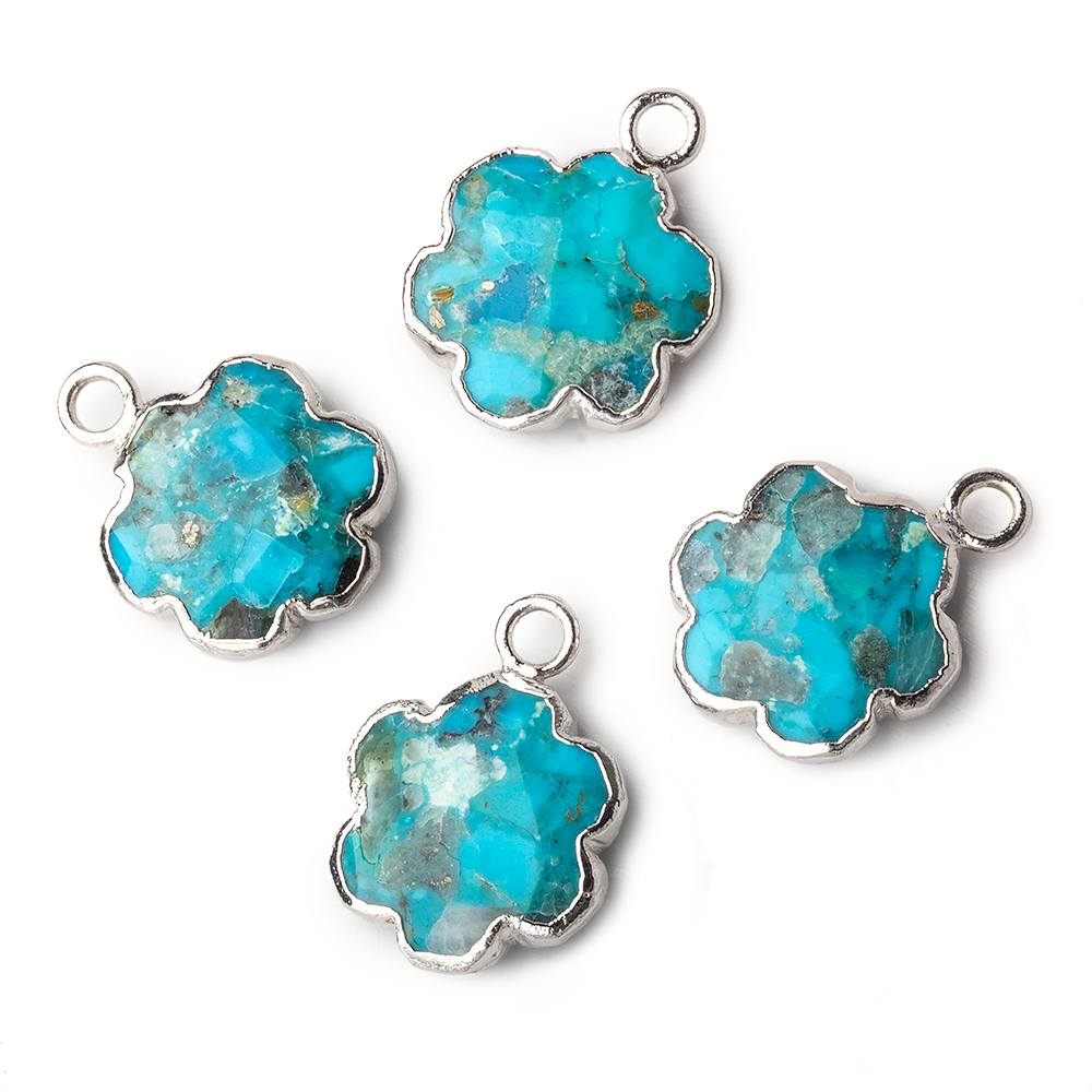 12mm Silver Leafed Enhanced Turquoise Faceted Quatrafoil Focal Bead Pendant sold as 1 piece