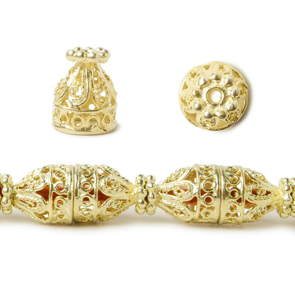 12x10mm 14kt Gold plated Copper Cone Filigree and Miligrain Top  8 inch 18 beads