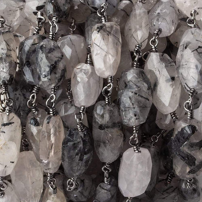 12x8-17x10mm Black Tourmalinated Quartz faceted nugget Black Gold plated Chain by the foot 14 bead per