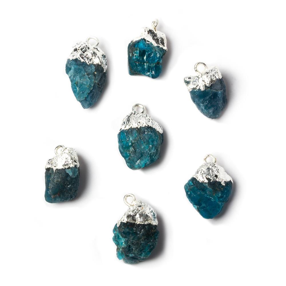 12x8mm to 18x8mm Silver Leafed Neon Blue Apatite Natural Crystal Pendant Set of 7