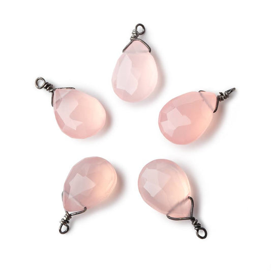 12x9mm Black Gold Wire Wrapped Blush Pink Chalcedony Faceted Pear 1 Focal Pendant