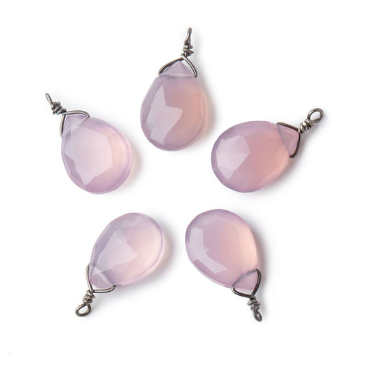12x9mm Black Gold Wire Wrapped Lilac Pink Chalcedony Faceted Pear 1 Focal Pendant