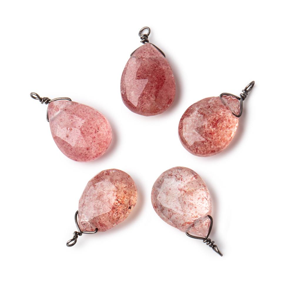 12x9mm Black Gold Wire Wrapped Strawberry Quartz Faceted Pear 1 Focal Pendant