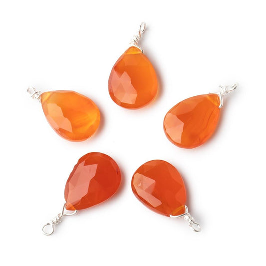 12x9mm Silver Wire Wrapped Orange Chalcedony Faceted Pear 1 Focal Pendant