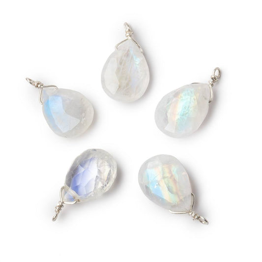 12x9mm Silver Wire Wrapped Rainbow Moonstone Faceted Pear 1 Focal Pendant