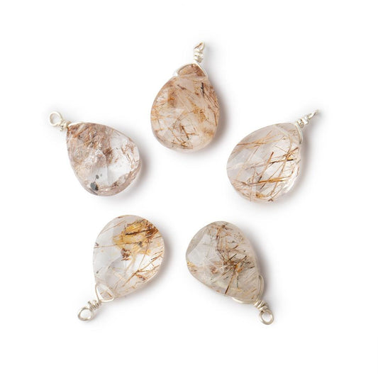 12x9mm Silver Wire Wrapped Rutilated Quartz Faceted Pear 1 Focal Pendant