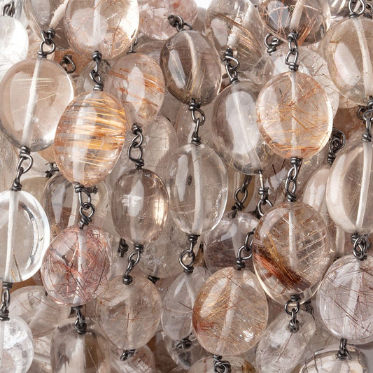 12x9mm Smoky Rutilated Quartz Plain Ovals on Black Gold over .925 Silver Chain
