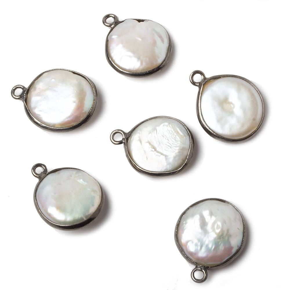 13-14mm Black Gold Bezeled White Coin Freshwater Pearl 1 Ring Focal Pendant 1 piece