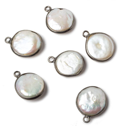 13-14mm Black Gold Bezeled White Coin Freshwater Pearl 1 Ring Focal Pendant 1 piece