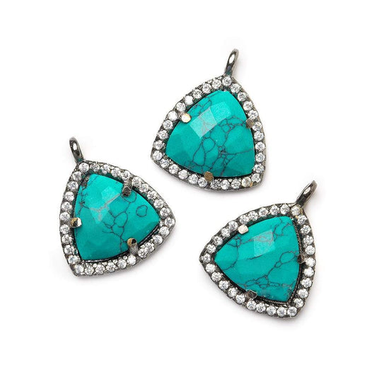 13.5mm Black Gold Bezel White CZ and Synthetic Turquoise Triangle Pendant 1 piece