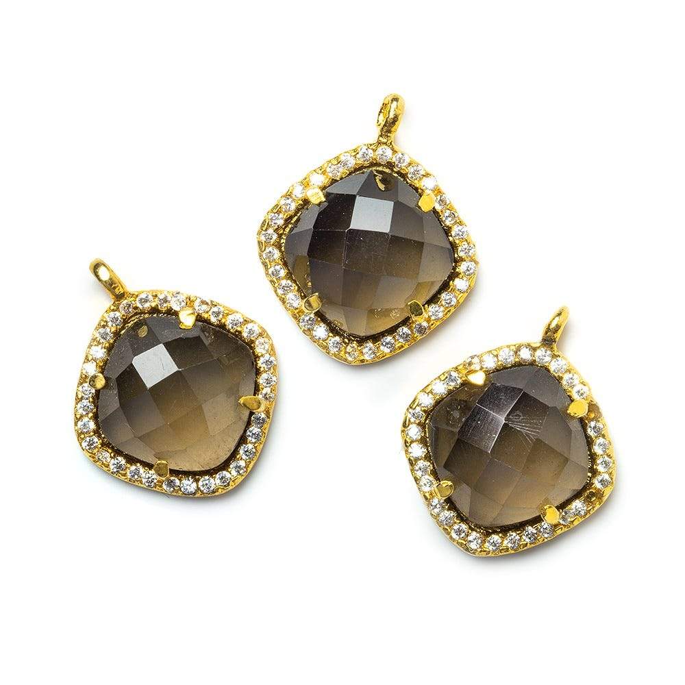 13.5mm Vermeil CZ Bezel Smoky Hydro Quartz Faceted Cushion Pendant 1 piece