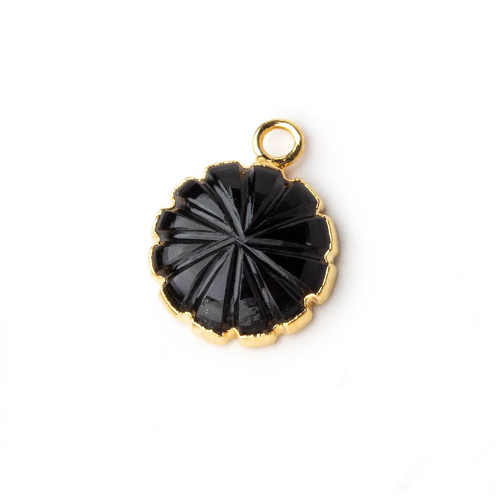 13mm 22kt Gold Leafed Black Chalcedony carved floral coin Pendant 1 focal bead