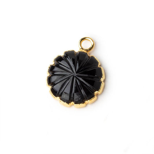 13mm 22kt Gold Leafed Black Chalcedony carved floral coin Pendant 1 focal bead