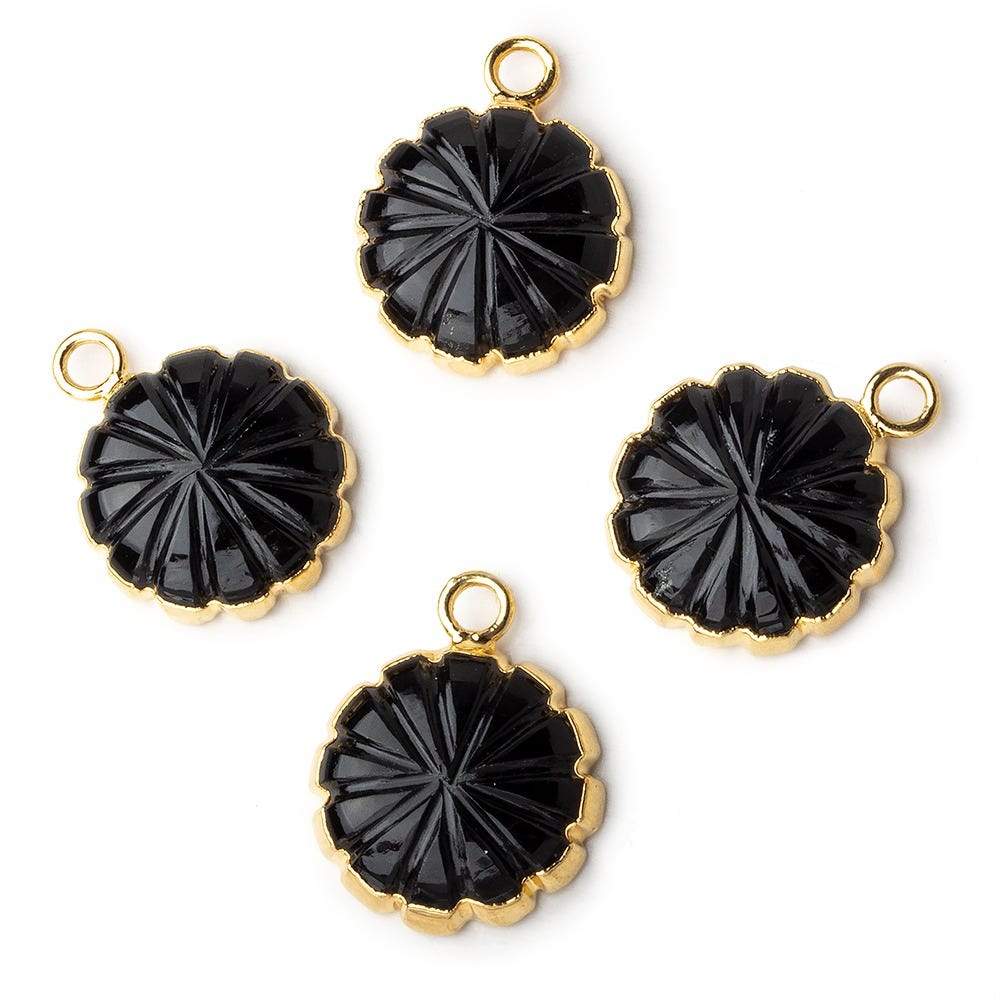 13mm 22kt Gold Leafed Black Chalcedony carved floral coin Pendant 1 focal bead