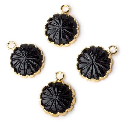 13mm 22kt Gold Leafed Black Chalcedony carved floral coin Pendant 1 focal bead