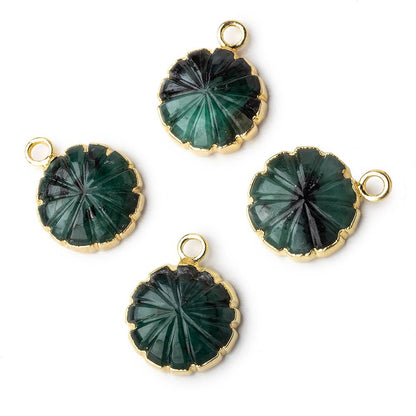 13mm 22kt Gold Leafed Brazilian Emerald carved floral coin Pendant 1 focal bead