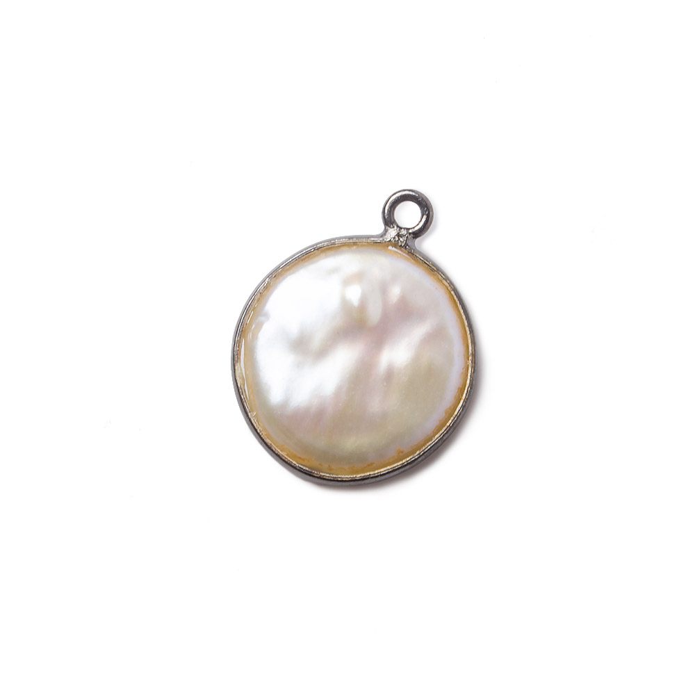 13mm Black Gold Bezel Cream Coin Pearl Pendant 1 piece