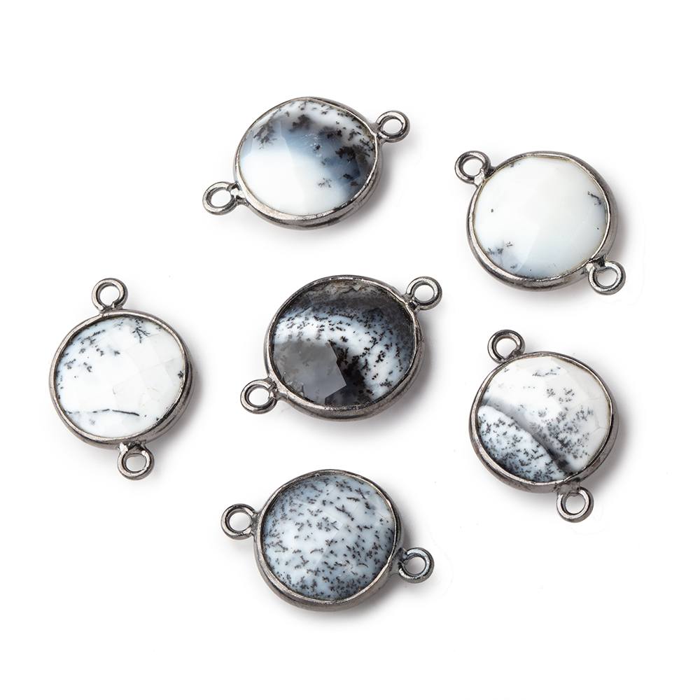 13mm Black Gold Bezel Dendritic Opal Faceted Coin Connector 1 piece
